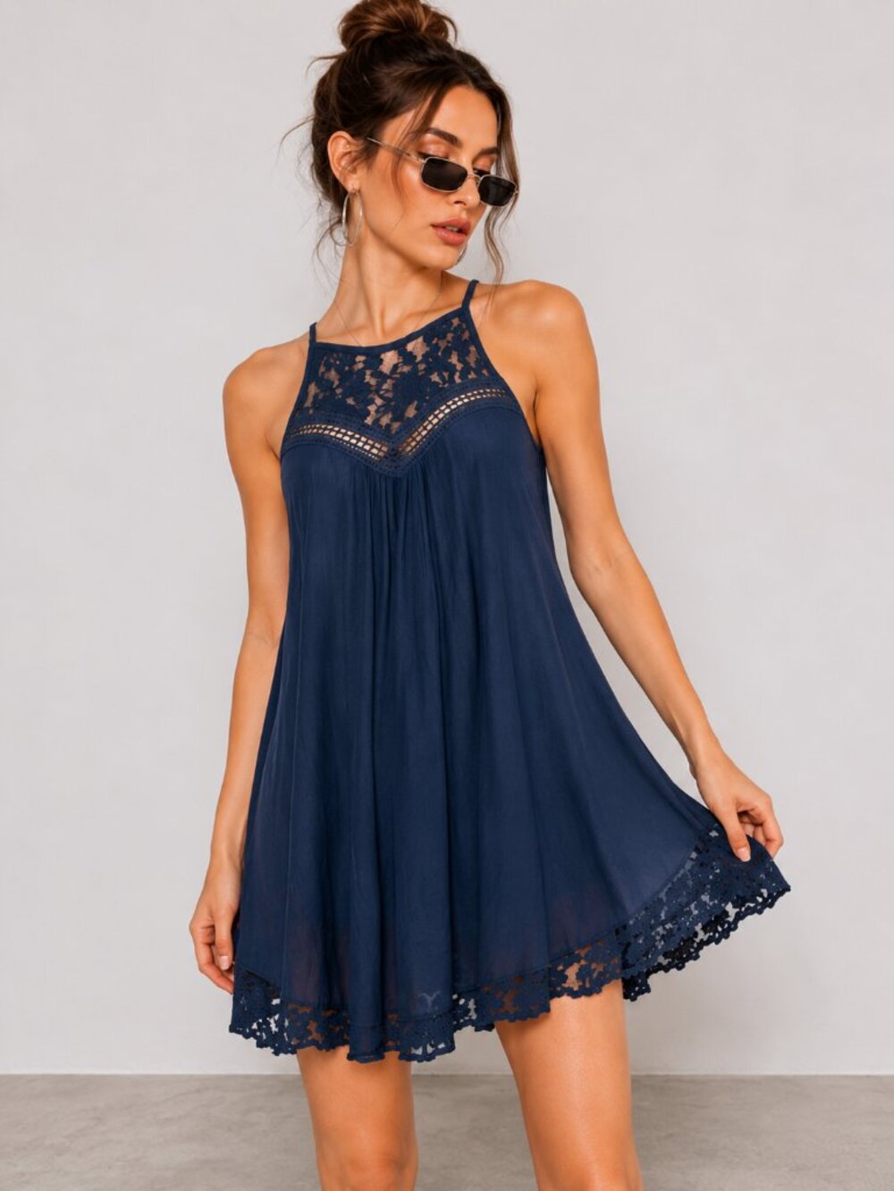 Navy Blue Lace Babydoll Dress Sleeveless Boho Mini NWT